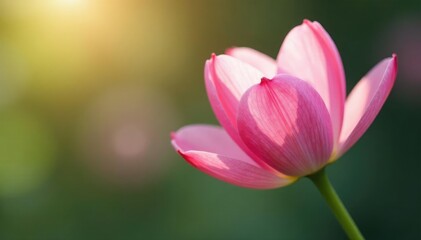 Fototapeta premium Delicate pink petals unfolding on a green stem, pink flowers, flora, spring