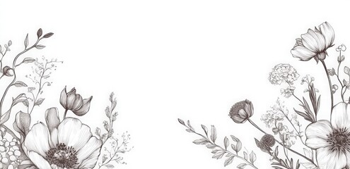 Set of hand-drawn floral frame line art, simple geometric shapes outline drawing clipart collection with wedding elements. floral elements, leaves, and flowers