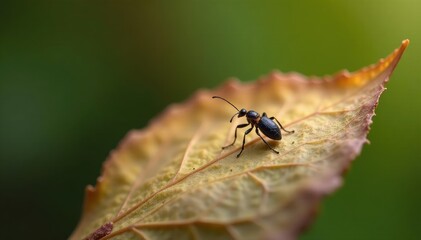 A small dark insect crawling on the top of a dry leaf surface, nature, small
