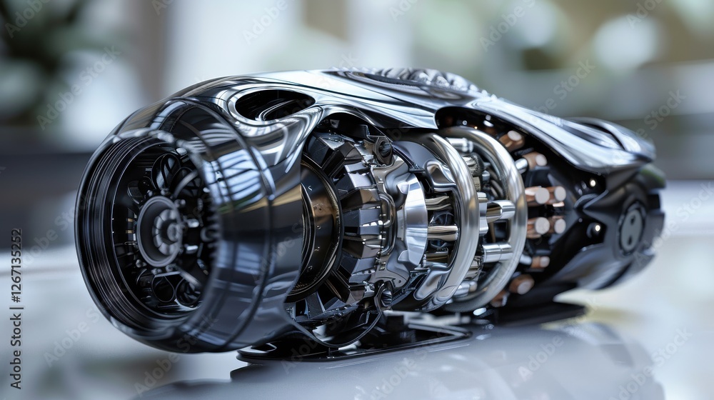 Poster upscale high-tech industry engine model with intricate mechanical components and elaborate design de