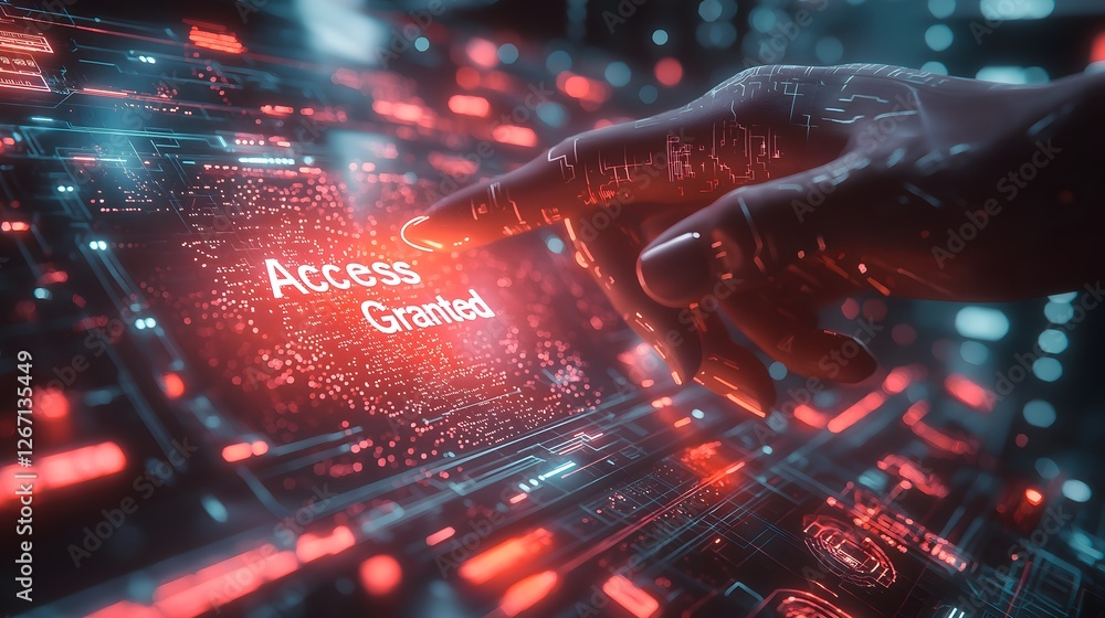 Poster digital security breach visualization with holographic hand interface, cybersecurity threat detectio