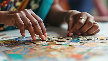 Counting Coins: A Close-Up View of Currency, Careful Handling, Financial Management, and Saving Money.  Financial Literacy.