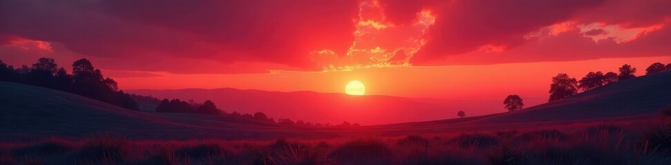 A serene landscape with a red sky at sunset perfect for sky replacement, serene, red sky