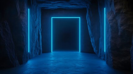 Obraz premium Neon blue light illuminates a doorway in a dark cave.