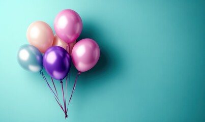 Vibrant balloons in pastel colors floating against a soft turquoise background, creating a festive atmosphere