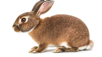 Obraz premium A brown rabbit with perked ears, sits alertly on a white background, its fur detailed and soft.