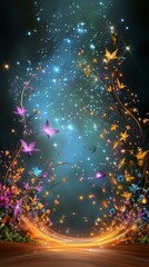 A vibrant scene of colorful butterflies and flowers illuminated by sparkling lights.
