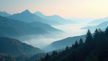A misty mountain landscape with fog rolling in, atmosphere, trees
