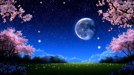 A serene night scene with a full moon, twinkling stars, and blossoming cherry trees under a deep blue sky. © Jittiwat