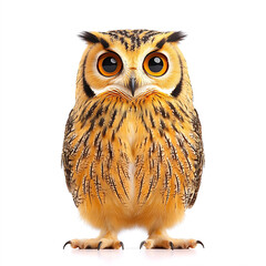Obraz premium A fluffy owl with bright orange eyes and intricate brown and gold plumage stands against a crisp white background.