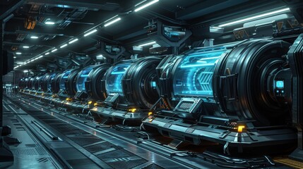 Futuristic Upscale Industry Interior Featuring Advanced Transparent Pods and Blue Lighting