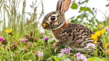 Fototapeta premium A curious rabbit amidst a vibrant meadow filled with colorful wildflowers and tall grasses.