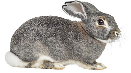 Naklejka premium Gray rabbit with perked ears and a fluffy white tail sits attentively, its whiskers extended and eyes focused.