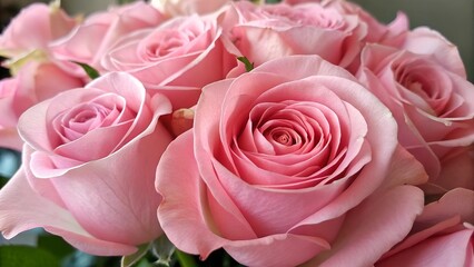 Obraz premium Pink Roses Bouquet: A close-up view of a vibrant pink rose bouquet, showcasing the delicate petals, intricate swirls, and the soft, romantic hues that exude elegance and love.