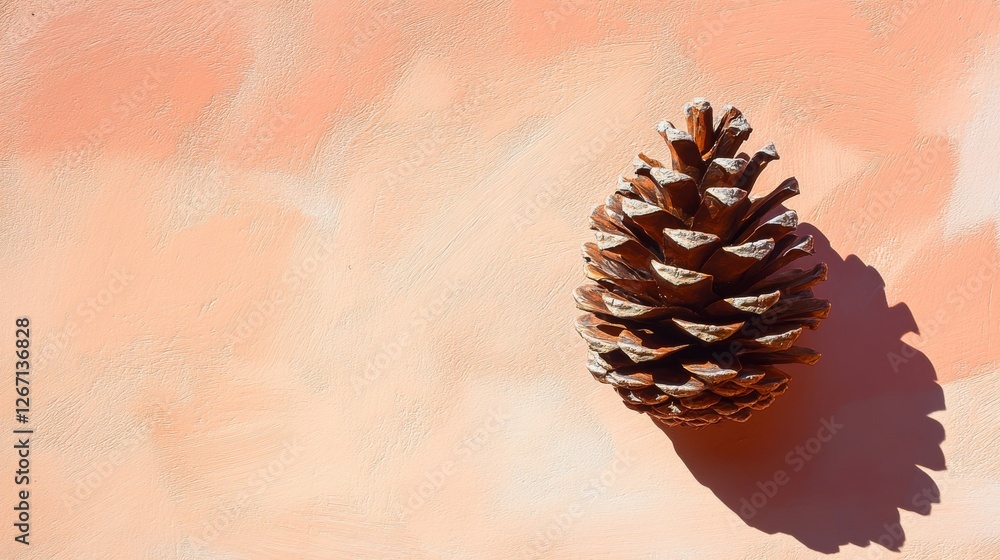 Poster a single pine cone casting a shadow on painted backdrop