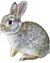 Obraz premium A detailed illustration of a fluffy, gray-and-white bunny with long ears, sitting against a clean, white background.