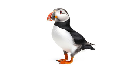 Naklejka premium A colorful Atlantic puffin stands against a bright white background, displaying its distinctive beak and markings.