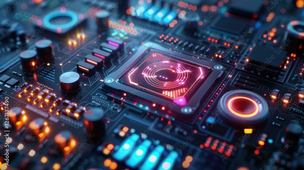 Poster upscale technology circuit board with colorful lights for modern industry applications and innovatio