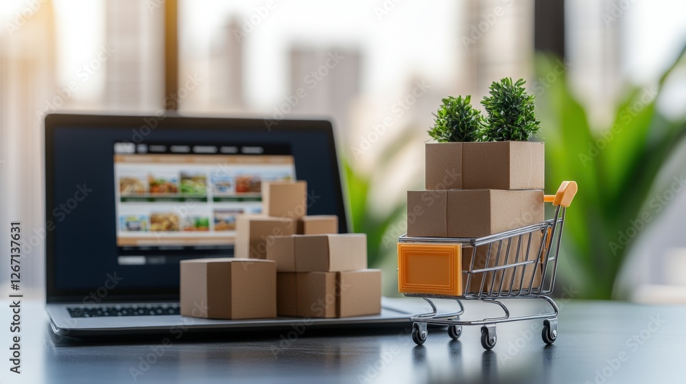 Poster laptop computer on table with shopping cart symbolizing online shopping concept close up view