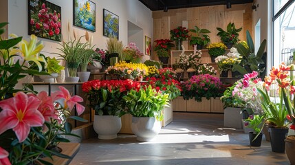 Naklejka premium flower shop, potted flowers, showcase flowers
