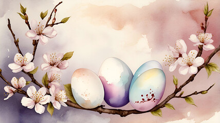 Fototapeta premium The concept of a bright Easter holiday. Delicate Easter eggs and cherry blossom branches on a pastel watercolor background with delicate streaks.