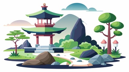 This image showcases a traditional Japanese garden, emphasizing its carefully arranged elements, including rocks, water features, and meticulously raked gravel, against a clean white background, prov