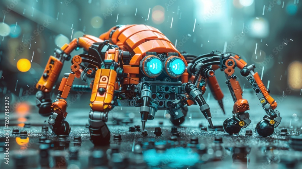 Poster detailed analysis of advanced robotic spider model in rainy urban setting with upscale features and 