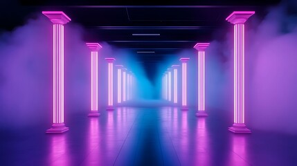Glowing pink and blue neon lights illuminate a hallway with classical columns.