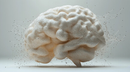 A white model of the human brain is connected by thin lines to an array with data points on it, set against a light gray background.