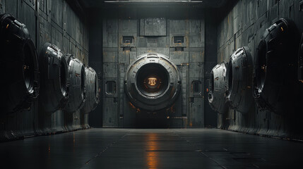 Futuristic industrial metallic corridor with large circular vault doors in dimly lit environment with atmospheric sci-fi ambiance