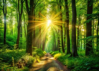 Fototapeta premium Golden rays illuminate a magical forest trail, showcasing the rule of thirds in nature's art.