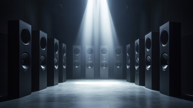 Powerful array of large black speakers in dramatic lighting creating an immersive surround sound audio experience in a dark room