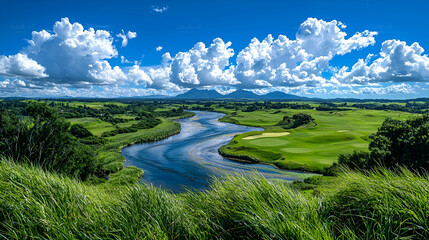 Fototapeta premium Serene river meandering through golf course, mountain backdrop, summer day, travel brochure