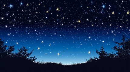 Naklejka premium Celestial Night: A Serene Starry Sky Over Silhouetted Trees