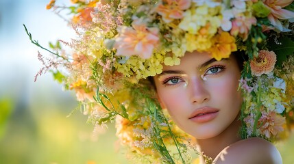 Woman with Floral Headband and Makeup in a Summer Meadow