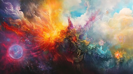 Cosmic Dance: A vibrant abstract painting of celestial nebulae, showcasing a dynamic interplay of colors and textures, evoking feelings of awe and wonder.