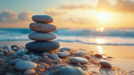 Fototapeta premium zen stones stacked on beach background