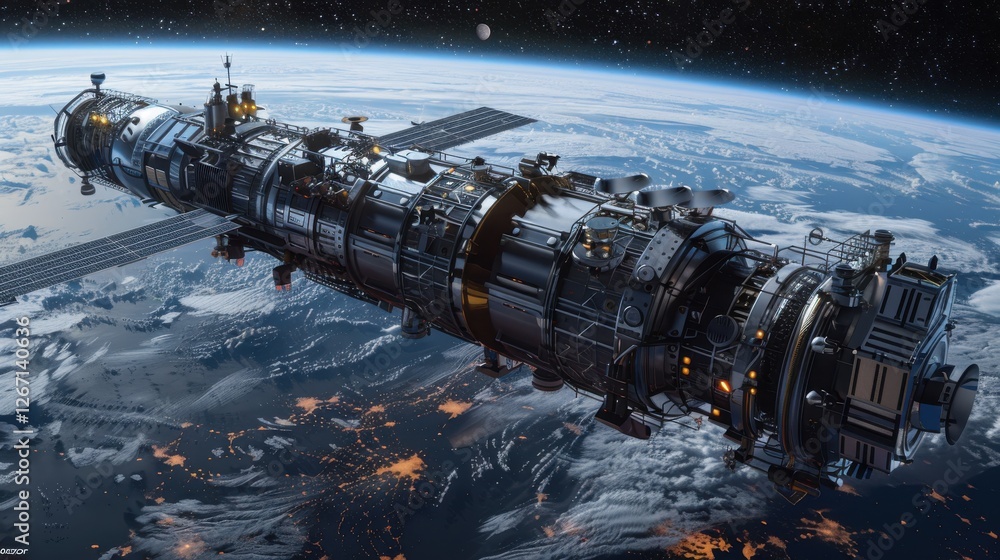 Poster futuristic space station orbiting earth with advanced technology and upscale design elements