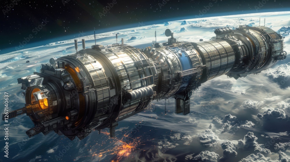 Poster high-tech space industrial complex surrounded by clouds and earthly atmosphere in deep space environ