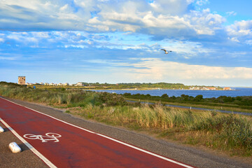 Bicycle path on dam in Holland. Yacht club and surf club at the lake (Grevelingermeer). Sunny summer evening, seagull flying in blue cloudy sky. Netherlands, Zeeland, Brouwersdam.