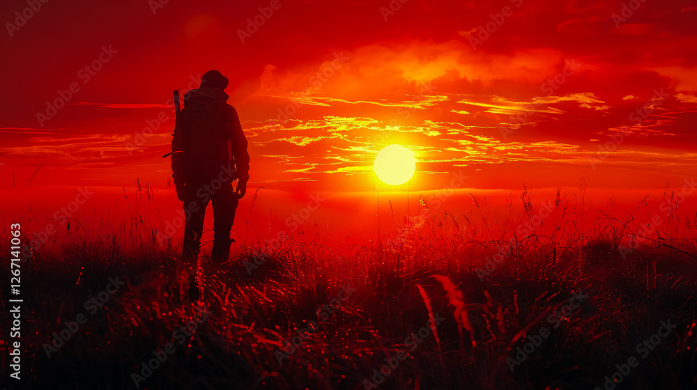 Poster man is standing in a field with a sunset in the background
