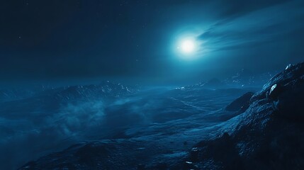 Naklejka premium A serene, moonlit landscape showcasing a distant celestial body and rugged terrain.