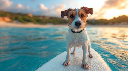 Dog on a surfing board. Holiday vacation concept. Cute humanic animal in uncommonsurreal landscape. Dreamy background concept