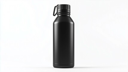 Ultra-realistic image of a black stainless steel water bottle with a flip-top lid, isolated on a white background
