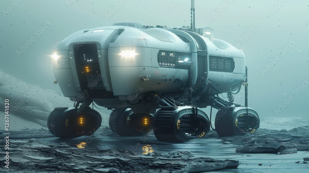 Poster advanced space exploration vehicle in a futuristic environment with detailed design and sophisticate