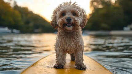 Dog on a surfing board. Holiday vacation concept. Cute humanic animal in uncommonsurreal landscape....