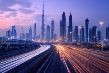 Naklejka na ściany i meble Cityscape, highway, twilight, speed, lights, travel, urban, futuristic, skyscrapers, advertising