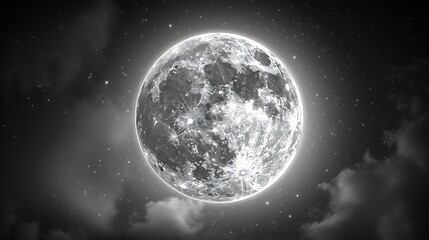 A luminous full moon with intricate details against a solid dark canvas.