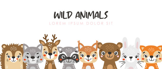 Obraz premium Wild animals set isolated, cute forest animals, kids vector cartoon