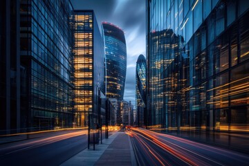 Cityscape, London, night, traffic, buildings, financial district, street, lights, long exposure,...